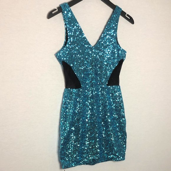 BEBE Turquoise Blue Sequin Dress with Mesh Side Detailing - Picture 3 of 7